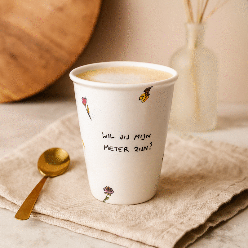 Een unieke handgeschilderde beker met de tekst “Wil jij mijn meter zijn?” – het perfecte cadeautje om dit bijzondere moment onvergetelijk te maken.