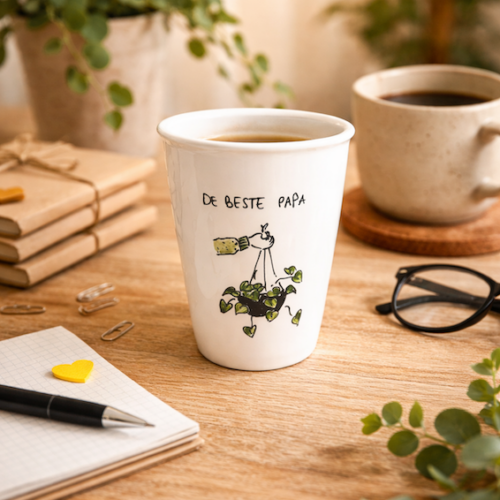 Handgeschilderde porseleinen beker “De beste papa” op houten bureau met notitieboek, bril en koffie — origineel cadeau voor papa.