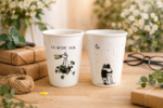 Gezellige Vaderdag giftset met twee handgeschilderde porseleinen bekers: “De beste papa” met plantillustratie en een beker met omhelzing onder maanlicht.