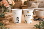 Gezellige Moederdag giftset met twee handgeschilderde porseleinen bekers: één met omhelzing onder maanlicht en één met “De beste mama” en citroenillustraties.