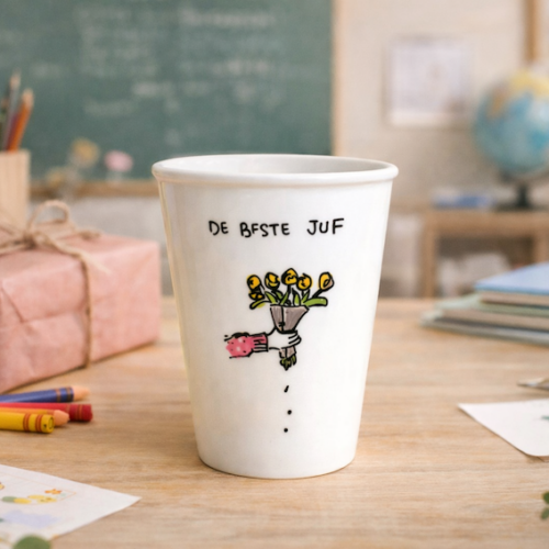 Handgeschilderde porseleinen beker met “De beste juf” en bloemenillustratie, gepresenteerd in een gezellige klasomgeving als afscheidscadeau.