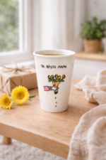 Een boeketje bloemen met de tekst 'de beste mama' op een tafel met bloemetjes er naast een een plantje in de verte.