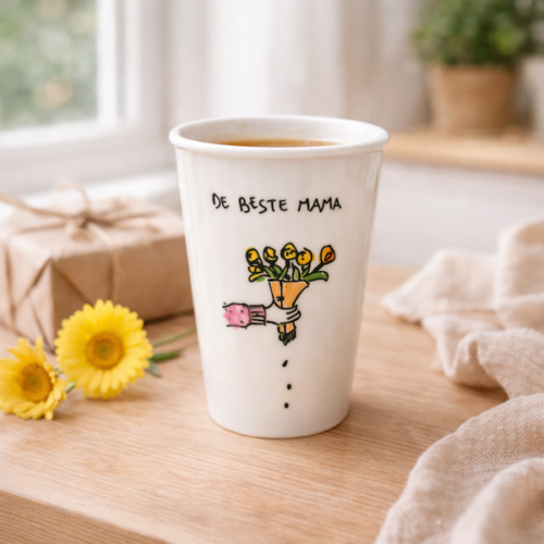 Een boeketje bloemen met de tekst 'de beste mama' op een tafel met bloemetjes er naast een een plantje in de verte.