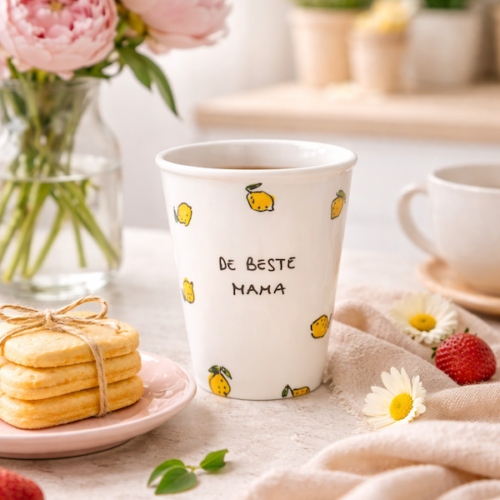 Een beker met citroentjes en de tekst 'de beste mama' op een gezellige tafel met bloemetjes, thee en lekkernijen