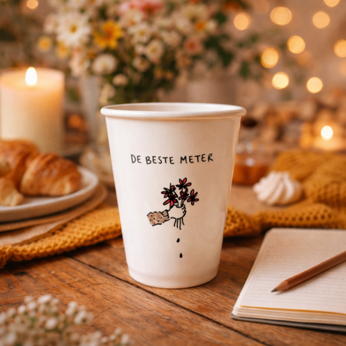 Een beker voor de beste meter met een boeketje bloemen erop getekend in een gezellige omgeving met lichtjes, bloemetjes en een notitieblokje.