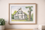 een geïllustreerd portret van een huis in een groene omgeving met twee katten en vogels in de lucht. Aquarel en inkt.