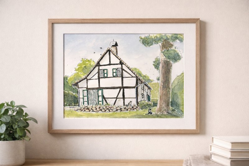 een geïllustreerd portret van een huis in een groene omgeving met twee katten en vogels in de lucht. Aquarel en inkt.