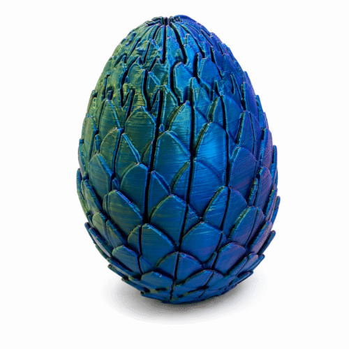 3D geprint fidget drakenei in blauw en groen dat open en dicht kan schuiven