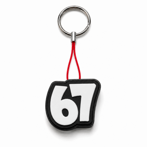 3D geprinte clicker sleutelhanger met nummer 67 in zwart en wit