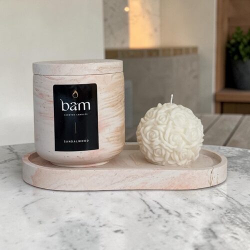 Handgemaakte Sandalwood Geschenkset met Rozenkaars en Gemarmerd Ovaal Schaaltje