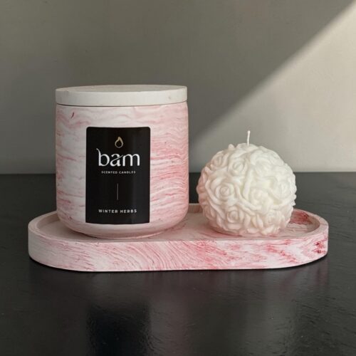 Handgemaakte Winter Herbs Geschenkset met Rozenkaars en Rood Gemarmerd Ovaal Schaaltje
