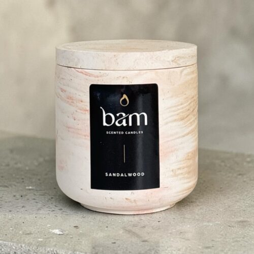 Sandalwood geurkaars van zonnebloemwas – oranje-bruin gemarmerd – Round Collection – 140 g