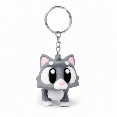 3D geprinte kat sleutelhanger in grijs, wit en roze