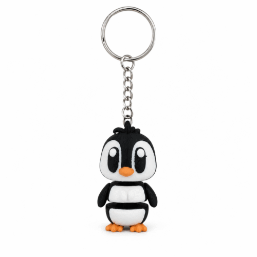 3D geprinte pinguïn sleutelhanger in zwart, wit en oranje