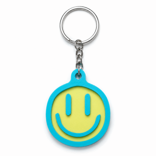 3D geprinte smiley sleutelhanger in blauw en geel