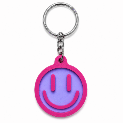 3D geprinte smiley sleutelhanger in roze en paars
