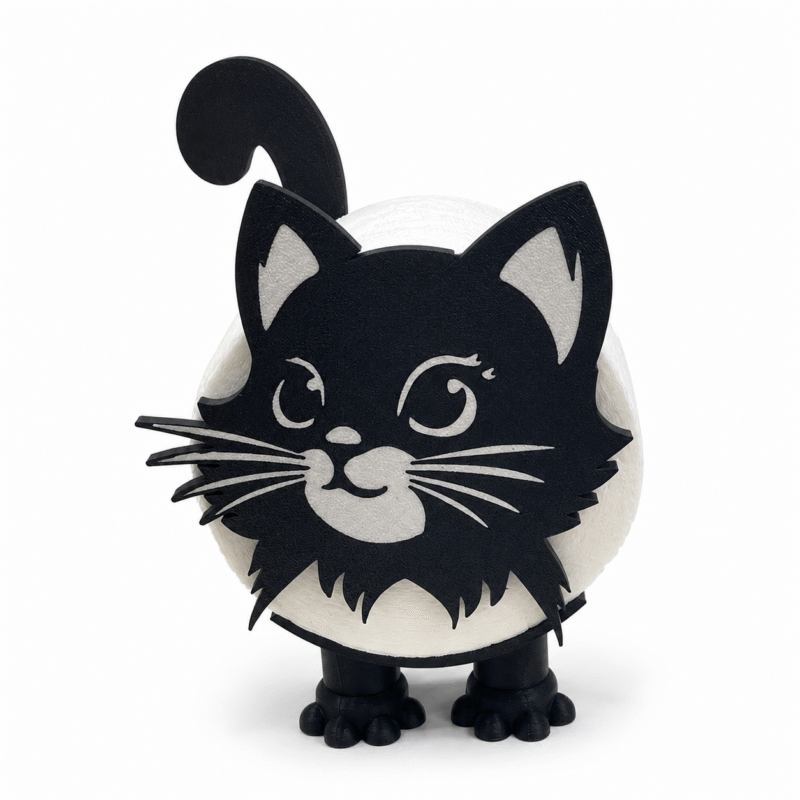 3D geprinte toiletrolhouder kat met snorharen in zwart en wit