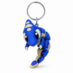 3D geprinte mini Stygimoloch sleutelhanger in donkerblauw met gele details