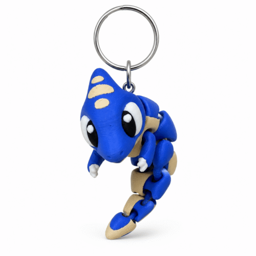 3D geprinte mini Stygimoloch sleutelhanger in donkerblauw met gele details