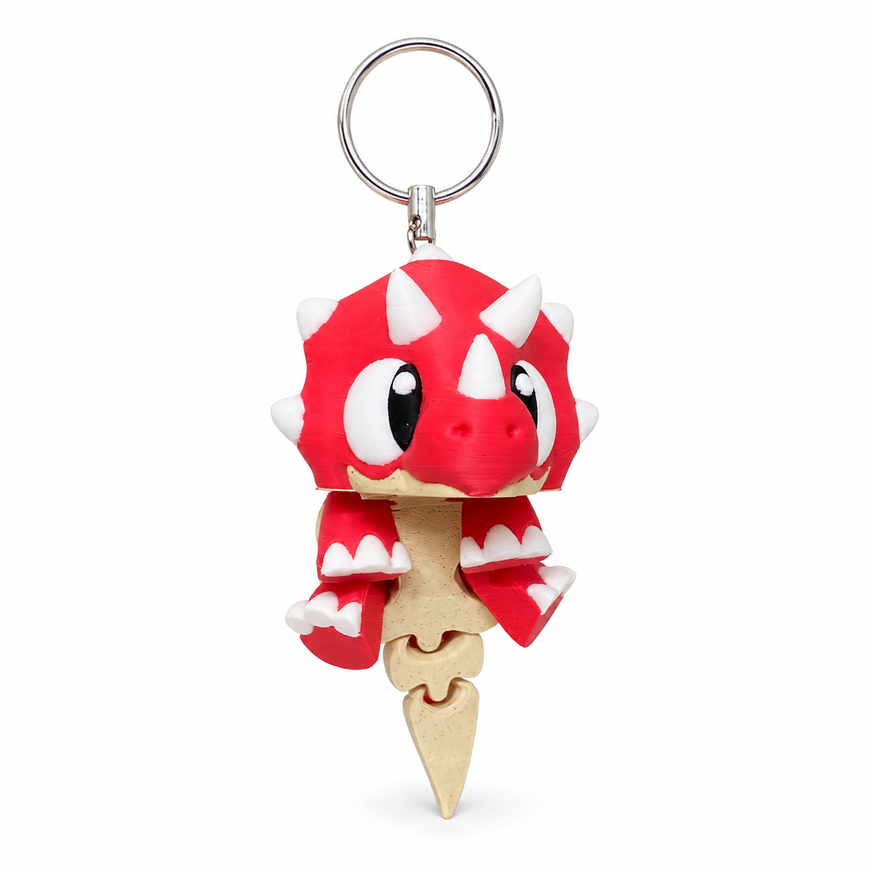 3D geprinte mini Triceratops sleutelhanger in rood en wit